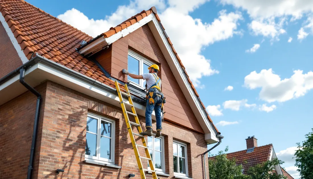 Couvreur posant des tuiles sur une toiture en rénovation